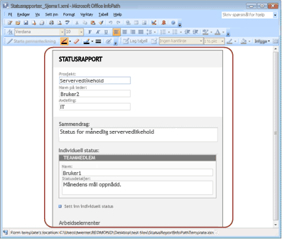 Eksempel på statusrapportskjema i Office InfoPath 2007