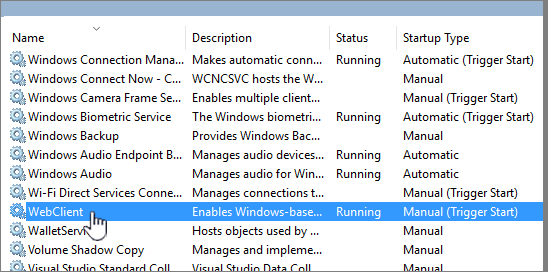 Services.msc med WebClient uthevet