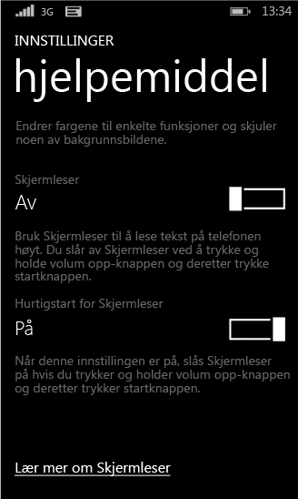 Skjermleserinnstillinger i Windows Phone