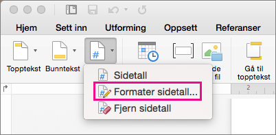 Hvis du vil formatere sidetall, klikker du Sidetall på fanen Topptekst og bunntekst, og deretter klikker du Formater sidetall.