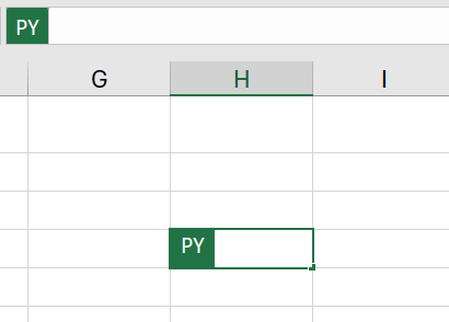 En Excel-arbeidsbok med Python i Excel aktivert i en celle, som viser det grønne PY-ikonet i cellen.