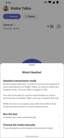 Screenshsot av headset overføringsmodus skjermen i Walkie Talkie, viser alternativer, når du kobler til en kablet headset.
