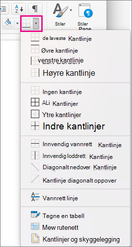 På Hjem-fanen klikker du Kantlinjer for å legge til eller endre kantlinjer for merket tekst.