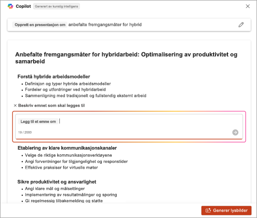 Skjermbilde av plasseringen for å angi beskrivelsen for emnet som ble lagt til når du bruker PowerPoint Copilot.