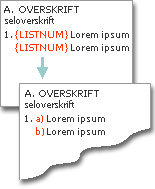 ListNum-feltene brukes til å generere bokstaver på samme linjer som numrene