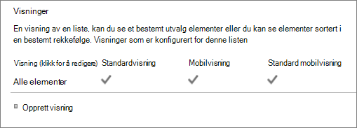 Listevisning-delen i Listeinnstillinger