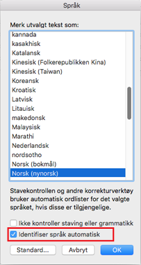 Outlook 2016 for Mac – Innstilling for å identifisere språk automatisk