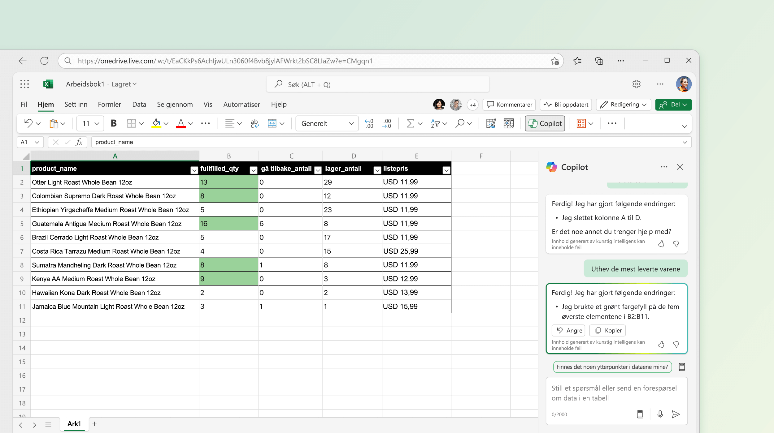 Skjermbilde som viser Copilot i Excel som gjør endringer i eksisterende data.