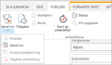 Send inn, Publiser-knapper i kategorien Publiser i redigerings modus.