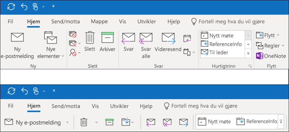 Du kan nå velge mellom to ulike båndopplevelser i Outlook.