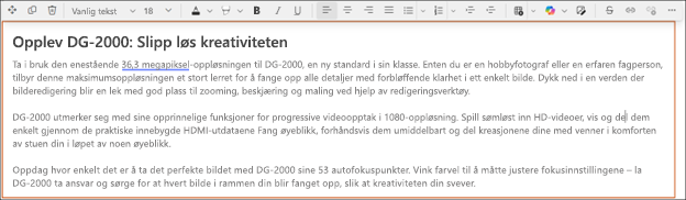 Etter – eksempel på bruk av justering av tone med copilot i redigeringsprogrammet for rik tekst i SharePoint