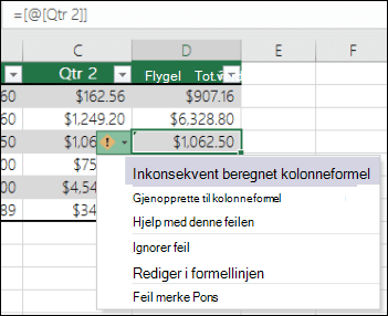 Varsel om inkonsekvent formelfeil i en Excel tabell