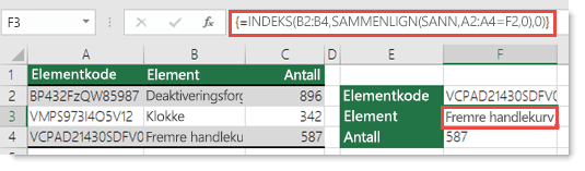 Hvis du bruker INDEKS/SAMMENLIGNE når du har en oppslagsverdi som er større enn 255 tegn, må den legges inn som en matriseformel.  Formelen i celle F3 er =INDEKS(B2:B4;SAMMENLIGNE(SANN;A2:A4=F2;0);0), og den angis ved å trykke på CTRL+SKIFT+ENTER