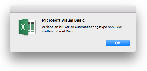 Feilmelding i Microsoft Visual Basic: Variabelen bruker en automatiseringstype som ikke støttes i Visual Basic.