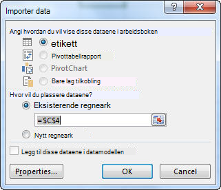 Dialogboksen Importer data i Excel