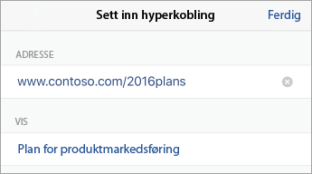 Dialogboksen Sett inn hyperkobling, som viser FELTENE ADRESSE og VIS.