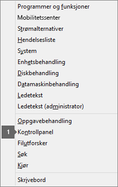 Liste over alternativer og kommandoer etter du har trykket Windows-logotasten + X