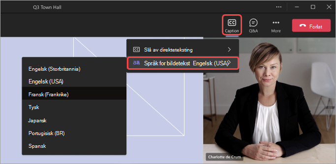 Skjermbilde som uthever brukergrensesnittet for deltakere for å endre språk for oversatte undertekster i et allmøte