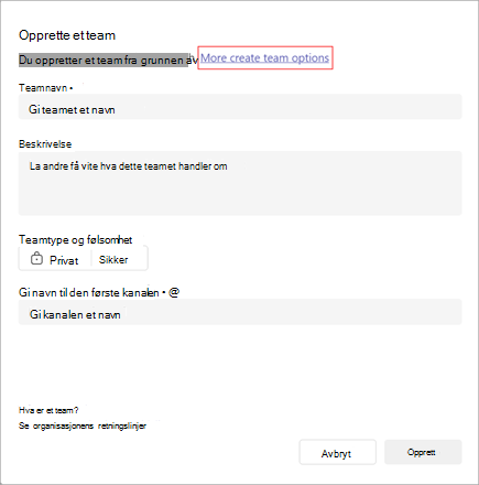 Et skjermbilde av alternativet for å opprette et team. Den har felt for teamnavn, beskrivelse, type, følsomhet og kanalnavn. Velg Flere alternativer for å opprette team for å opprette et team fra en mal eller en eksisterende gruppe eller et eksisterende team.