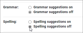Slå av innstillingene for å kontrollere grammatikk og stavemåte