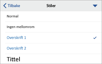 Dialogboksen Stiler med Overskrift 1 valgt.