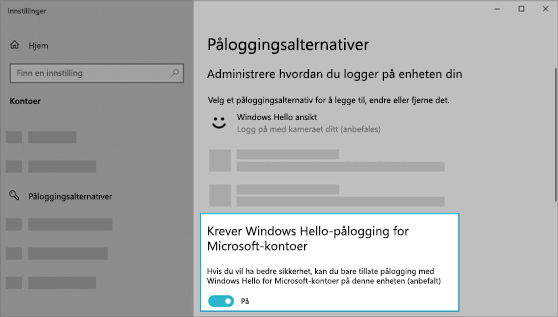 Mulighet til å bruke Windows Hello til å logge på for Microsoft-kontoer aktivert.