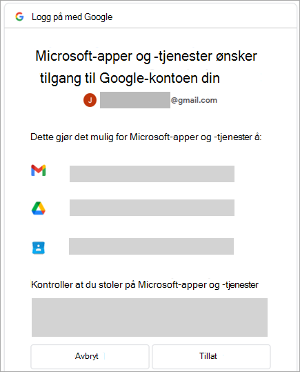 Skjermbilde som viser vinduet for Tillatelser for Google-konto