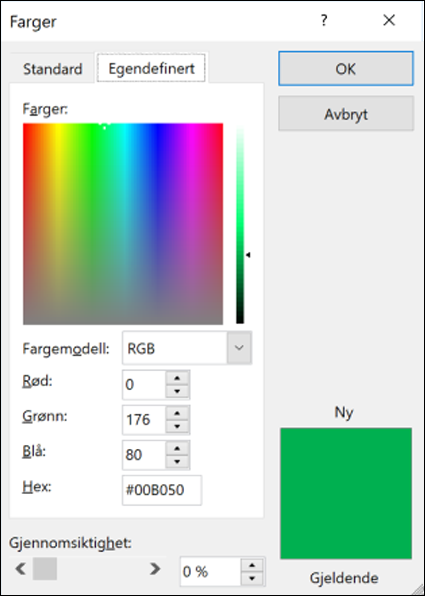 Fargevelger i Office-apper. Det finnes et nytt felt under RGB-feltene for å angi heksadesimal fargeverdi.