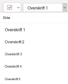 Stiler-menyen viser ulike overskriftsstiler i OneNote for Windows 10.