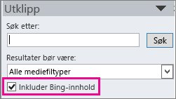 Avmerkingsboksen Inkluder Bing-innhold