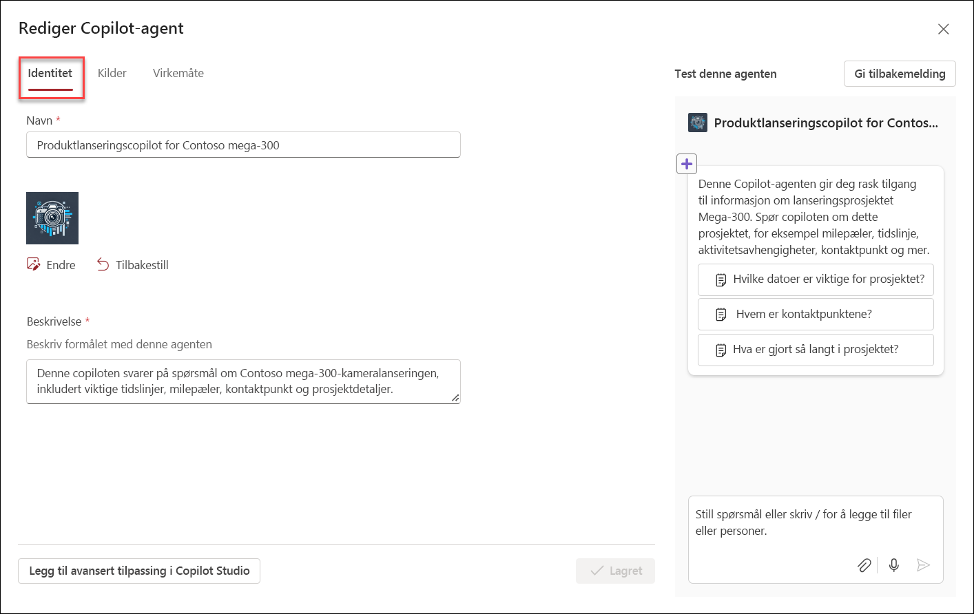 skjermbilde av det første brukergrensesnittet for å redigere en Copilot-agent
