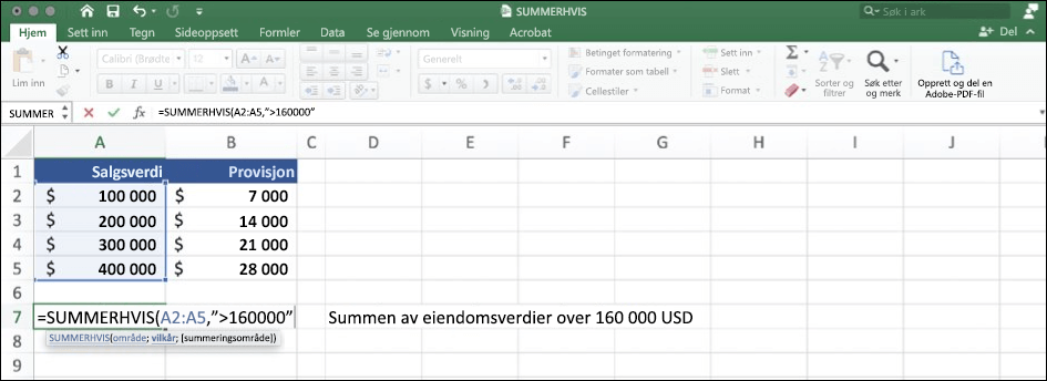 Skjermbilde av Excel-data ved hjelp av SUMMERHVIS-funksjonen