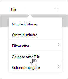 Groupby-alternativet på kolonneoverskriftsmenyen