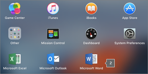Viser Microsoft Word-ikonet i en delvisning av Launchpad