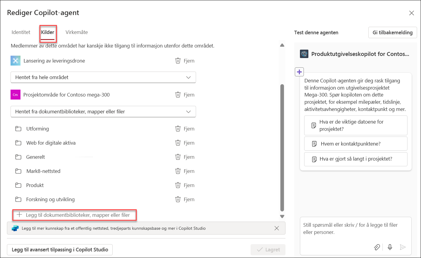 Skjermbilde av å legge til kunnskapsressurser i Copilot-agenten