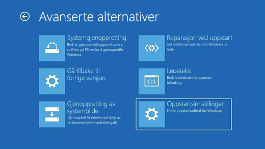 Avanserte alternativer-skjermen i Windows Recovery Environment.