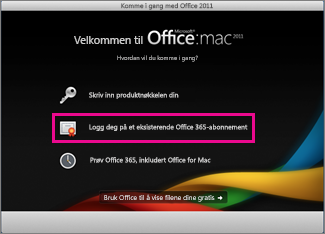 Installasjonssiden i Office for Mac der du logger på et eksisterende Office 365-abonnementet.