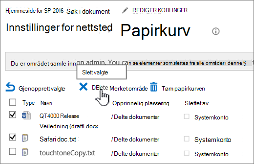 Slett-knappen på papirkurvsiden i SharePoint 2016 uthevet