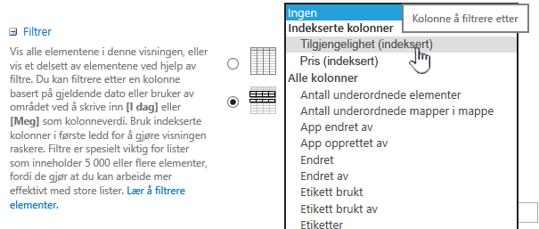 Velg et indeksert felt i SharePoint Online