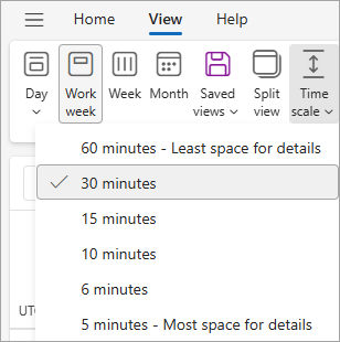 Skjermbilde som viser Tidsskala under Vis-fanen med 30 minutter valgt