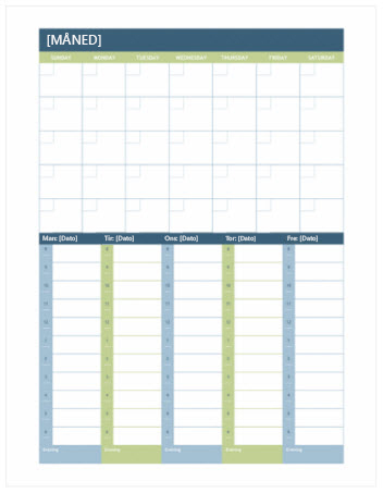 Månedskalender og ukekalender for planlegging (Word)