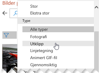 Bruk Type-filteret for å begrense valgene dine til bare utklipp