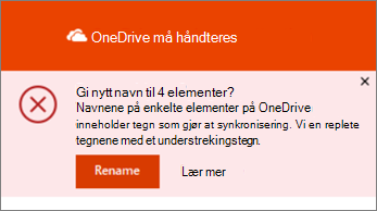 Skjermbilde av varslet Gi nytt navn i oneDrive-appen for skrivebordssynkronisering