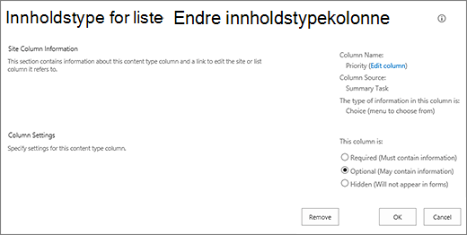 Endre innholds type Kol onne side