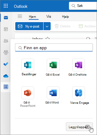 Undermeny for flere apper i Outlook på nettet og i nye Outlook for Windows.