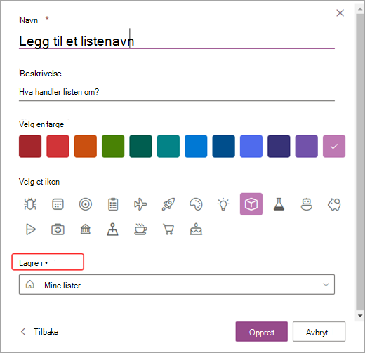 Skjermbilde av alternativene for å tilpasse listene i SharePoint.