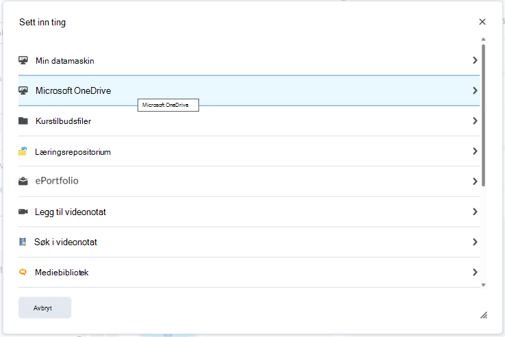 Bygg inn en OneDrive-fil i Brightspace Editor ved hjelp av Sett inn ting-menyen.