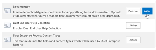 Eksempler på funksjonene for Nettstedssamling som du kan gjøre aktiv for SharePoint