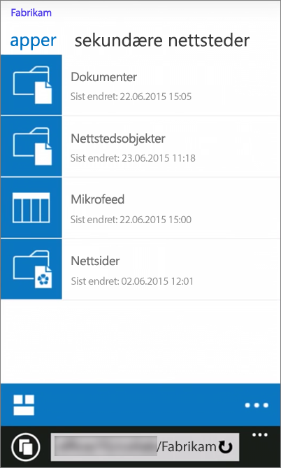 Skjermbilde av en mobilvisning av et SharePoint Server 2016-område