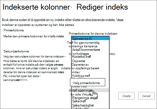 Rediger stikkordregisterside med kolonne valgt fra rullegardinlisten